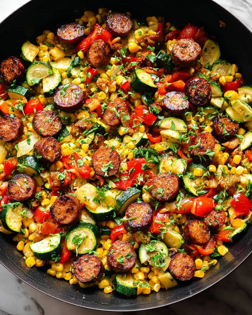 A black pan filled with a colorful mix of cooked vegetables and sausage slices. The first layer is bright yellow corn kernels scattered evenly across the pan, topped with medium-sized pieces of green zucchini with slight browning on the edges. Interspersed are chunks of red bell pepper adding vibrant red tones. On top, there are round, browned sausage slices that look juicy and caramelized. The dish is sprinkled with small pieces of chopped green herbs, giving it a fresh appearance. The pan rests on a white marbled textured surface. photo taken with an iphone --ar 4:5 --v 7
