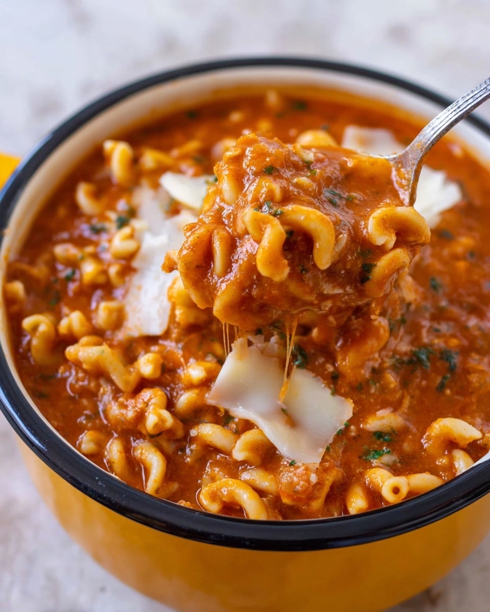 The image shows a close-up of a rich, thick tomato-based pasta soup served in a white bowl with a black rim and yellow outside. The soup has one visible layer of curly, short pasta coated fully in a chunky orange-red tomato sauce mixed with finely chopped herbs and small pieces of ingredients, giving it a textured and hearty look. On top of the pasta, there is a melting layer of thin, off-white cheese slices, partially covering the pasta. A silver spoon lifts a portion of the soup, revealing the sauce’s thickness and pasta curls. The background is a white marbled surface. photo taken with an iphone --ar 4:5 --v 7