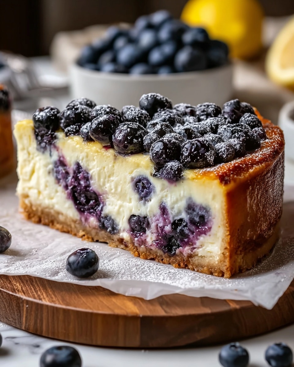 A thick slice of blueberry cheesecake with three main layers is shown on a round wooden board covered with white parchment paper. The bottom layer is a firm, golden-brown crust. The middle layer is a thick, creamy white cheesecake filling with blueberries mixed inside, showing dark purple spots where the blueberries burst. The top layer is covered with fresh, plump blueberries coated with a light dusting of white powdered sugar that adds a touch of sparkle. The background is a white marbled texture with a small white bowl filled with more blueberries and a blurred yellow lemon in the distance. Photo taken with an iphone --ar 4:5 --v 7