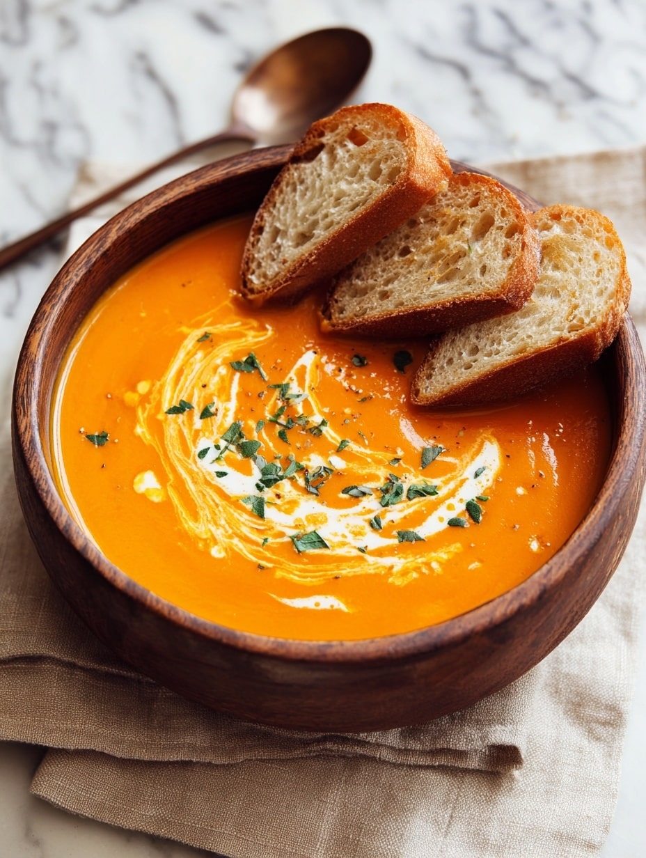 A brown bowl filled with thick orange soup that has small chunks inside and a swirl of cream on top, sprinkled with green herbs. Three slices of toasted bread with a golden-brown crust rest against the bowl. The bowl sits on a beige cloth on a white marbled surface. Photo taken with an iphone --ar 4:5 --v 7
