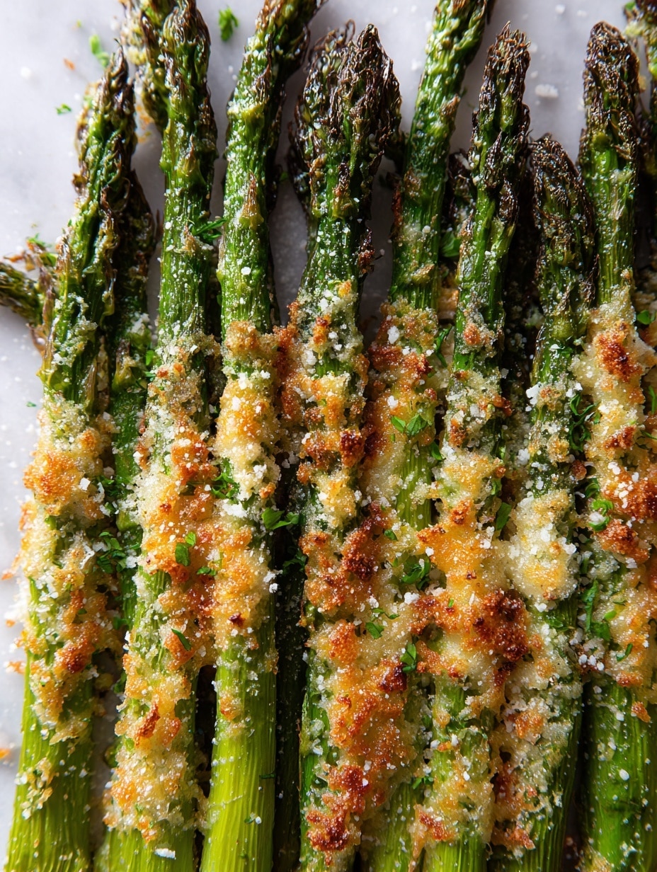 A close-up view of a large layer of roasted green asparagus spears arranged closely together on a white marbled surface. The asparagus is covered evenly with a generous layer of melted white Parmesan cheese that has browned slightly with golden crispy spots, creating a textured and slightly crumbly look. The cheese layer shows some melting drips and is sprinkled with light brown seasoning or breadcrumbs, adding to the roasted appearance. The tips of the asparagus remain visible at the top, showing their fresh green color, while the base is tightly packed at the bottom. The overall image shows a warm, freshly baked dish with a mix of creamy white and golden brown colors. Photo taken with an iphone --ar 4:5 --v 7