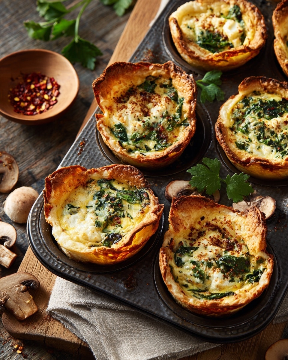 Six small quiches sit in a dark metal muffin tray on a wooden table, each with a golden-brown crispy tortilla shell folded unevenly around a creamy, light yellow egg filling mixed with green spinach bits and topped with a slightly browned layer of melted cheese. The shells’ edges curl upward, creating a textured border around the soft, baked filling. Nearby, there is a small wooden bowl of red chili flakes, fresh parsley leaves, and sliced mushrooms scattered on the table. A light cloth is partially visible under the tray. The photo taken with an iphone --ar 4:5 --v 7