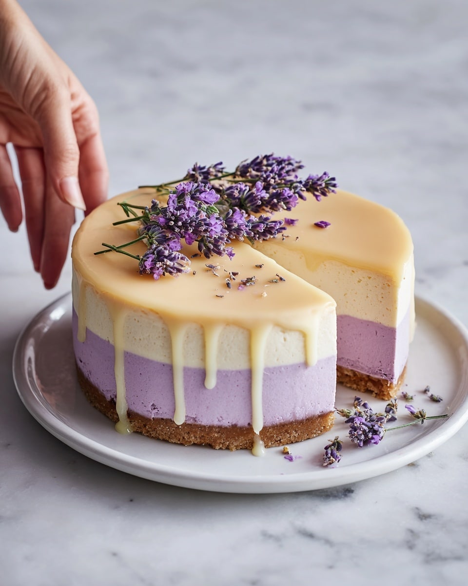 The image shows a round honey lavender cheesecake with three clear layers: a light golden brown crust at the bottom, a thick middle layer of smooth lavender-colored cheesecake, and a shiny honey drizzle gently flowing down the sides from the top. The surface of the cheesecake is decorated with a neat circle of small lavender flowers and a drizzle of honey in the middle. The cheesecake sits on a simple white plate, which rests on a white marbled textured surface, giving the dessert a clean and elegant look. Photo taken with an iphone --ar 4:5 --v 7