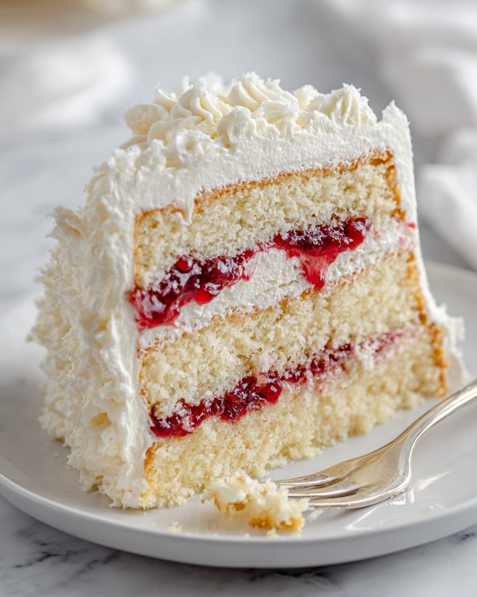 The image shows a slice of white cake cut into three visible layers, each layer is soft and light yellow in color. Between the layers, there are thin, bright red jam fillings that add a splash of color. The cake is covered with a thick layer of fluffy white cream, which looks smooth and slightly textured on the outside and top. The slice sits on a white plate, placed on a white marbled surface. A woman's hand holds a spoon at the edge of the plate, partly under the cake. Photo taken with an iphone --ar 4:5 --v 7