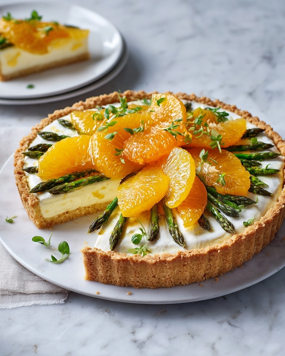 The image shows a tart on a white plate placed on a white marbled surface. The tart has a golden-brown crust as the bottom layer with a slightly rough texture and crimped edges. Above the crust is a smooth white cream layer, topped with a layer of glossy, light yellow citrus segments arranged in a circle. On top of the citrus segments, there are whole green asparagus spears placed radially, their tips pointing outward. In the center of the tart, there are several bright orange citrus halves arranged closely, some slightly overlapping each other, garnished with small fresh green herb sprigs scattered across the tart and white marbled surface. Photo taken with an iphone --ar 4:5 --v 7