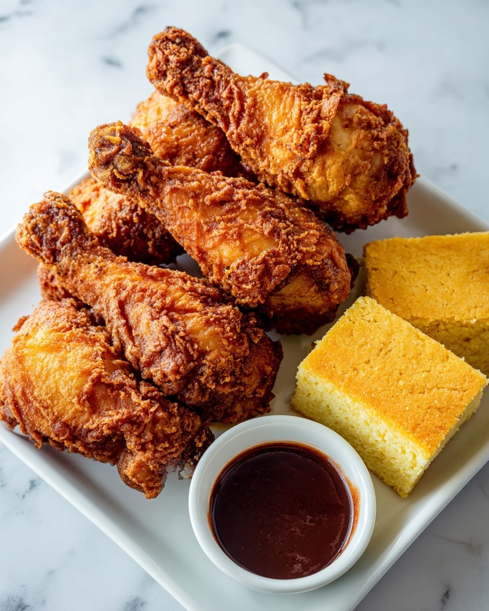 The image shows a white square plate on a white marble texture surface, filled with five golden-brown crispy fried chicken drumsticks stacked in the center. To the right side of the chicken, there are two thick, square pieces of light yellow cornbread with a soft and crumbly texture. Next to the cornbread is a small white round dish filled with a smooth, dark reddish-brown barbecue sauce. The fried chicken has a crunchy, well-coated crust with a slightly rough texture, the cornbread appears moist inside with a slightly browned top, and the sauce looks glossy and thick. Photo taken with an iphone --ar 4:5 --v 7