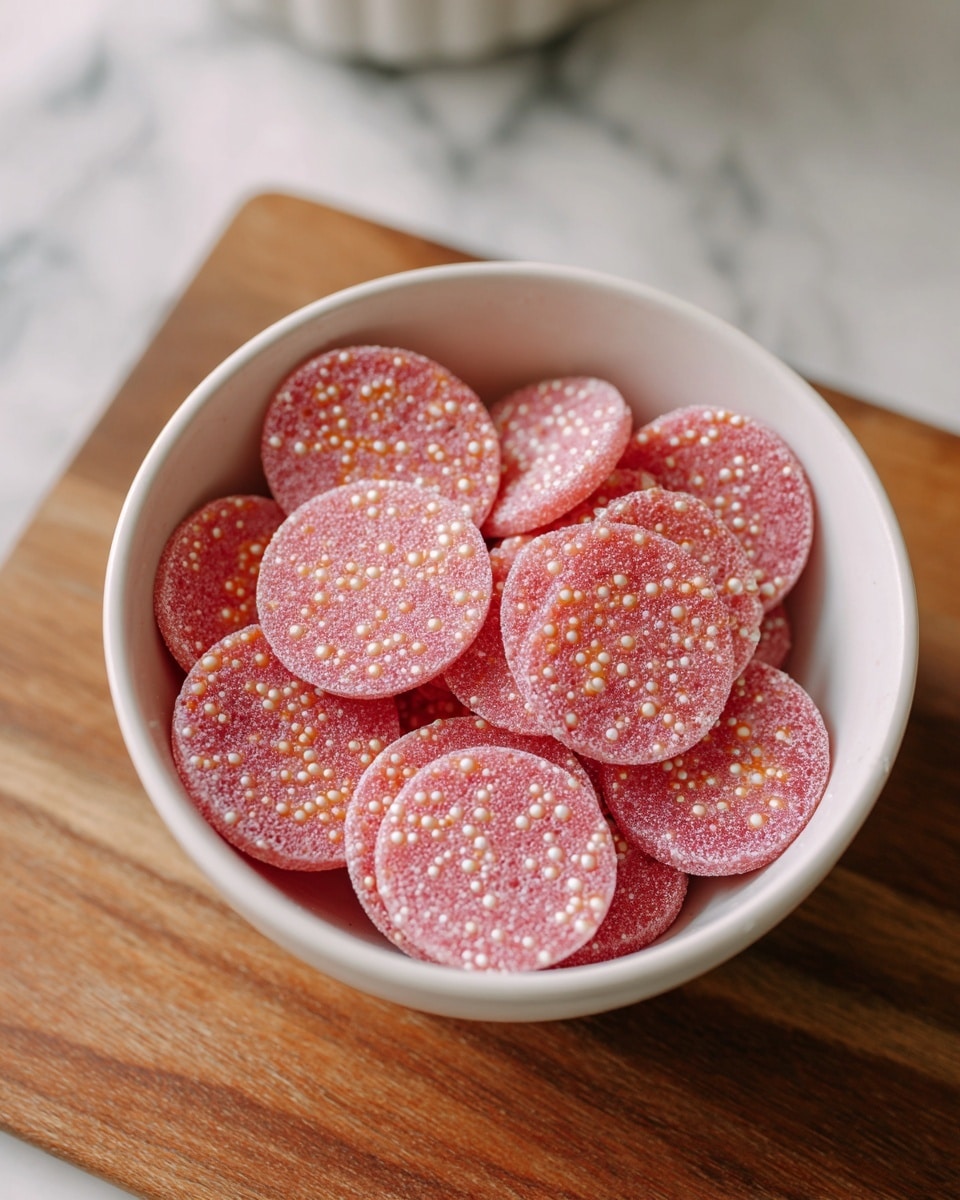A white bowl filled with many small, round, pink candies that have a dotted pattern of tiny orange and white spots throughout each piece, giving them a textured look. The candies are piled up, filling the bowl almost to the top, with a soft matte finish that suggests a slightly powdery surface. The bowl sits on a wooden board with a white marbled texture background visible around it. photo taken with an iphone --ar 4:5 --v 7