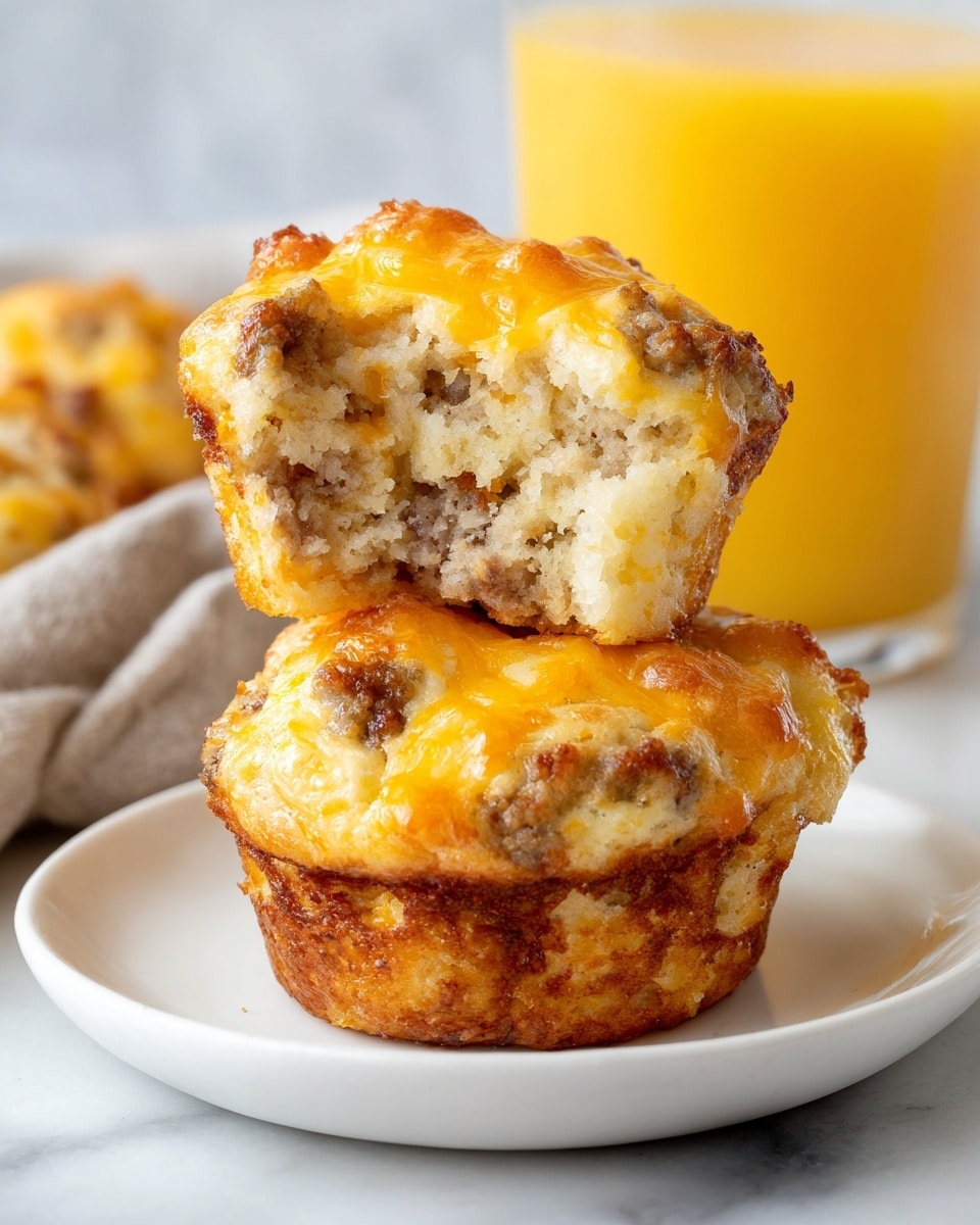 Two sausage and cheese muffins are stacked on a white plate set on a white marbled surface. The bottom muffin is golden-brown with melted orange cheese on top, showing a slightly crispy texture. The top muffin is broken in half, revealing a soft, fluffy inside with bits of sausage mixed throughout, and the melted cheese covers the top. In the background, there is an out-of-focus glass of orange juice adding a warm tone to the scene. Photo taken with an iphone --ar 4:5 --v 7