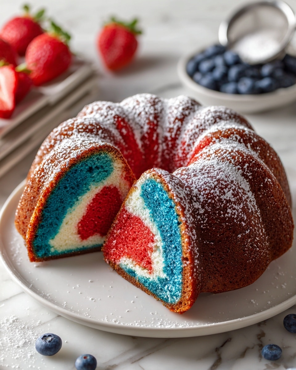 A round bundt cake sliced to show its colorful inside is centered on a white plate over a white marbled surface. The cake has a spongy texture with three visible layers inside: bright blue in the middle, surrounded by a red layer, and thin streaks of green and white mixed with red on the outer part. The cake is dusted with powdered sugar, giving a snowy effect on its brown crust. Whole and sliced strawberries along with blueberries are scattered in the background near a sifter holding extra powdered sugar on a white marbled table. The photo taken with an iphone --ar 4:5 --v 7