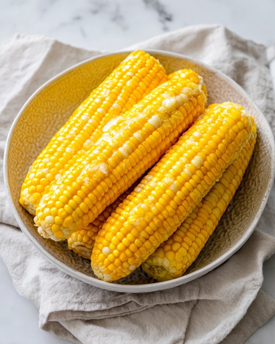 The image shows four bright yellow corn cobs placed inside a white bowl with a subtle triangle pattern. The corn kernels are shiny and plump, with some butter melting on them, giving a glistening look. The bowl is set on a white marbled surface with a soft off-white cloth nearby, adding a gentle texture to the scene. The corn cobs are arranged in a slightly overlapping, casual manner, emphasizing their fresh and juicy appearance. photo taken with an iphone --ar 4:5 --v 7