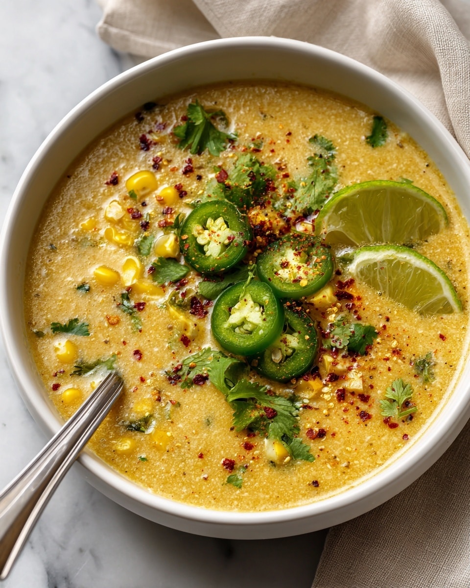 A white bowl filled with creamy yellow soup that has a thick, slightly chunky texture with visible corn kernels and green herbs mixed in. On top of the soup, there is a small pile of grilled corn pieces in the center, sprinkled with red chili powder and black pepper. Fresh green cilantro leaves and slices of green chili peppers are scattered around the bowl, adding color and texture. A lime wedge sits on the edge of the soup, bringing a fresh green contrast. A silver spoon is placed inside the bowl on the right side. The bowl rests on a white marbled surface with a gray cloth nearby. Photo taken with an iphone --ar 4:5 --v 7