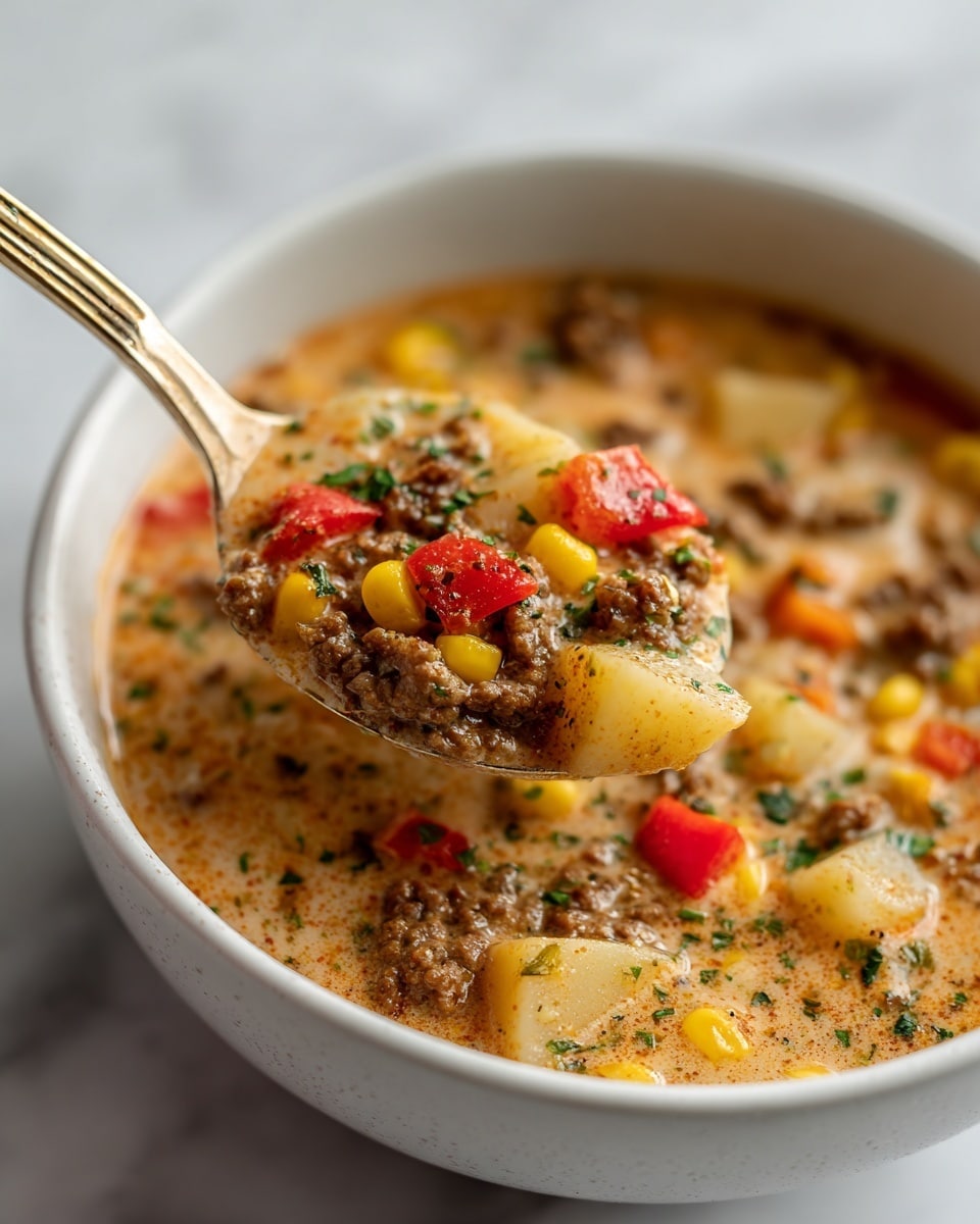 A close-up image of a bowl filled with thick soup that has several layers of ingredients. The first layer shows creamy and slightly orange broth. The second layer, floating in the broth, contains chunks of browned ground meat, yellow corn kernels, diced yellow potatoes, and small pieces of red bell pepper. Some green herbs are sprinkled on top, adding a touch of color. A spoon lifts a mix of soup and ingredients out of the bowl. The bowl is white, set on a white marbled surface. Photo taken with an iphone --ar 4:5 --v 7