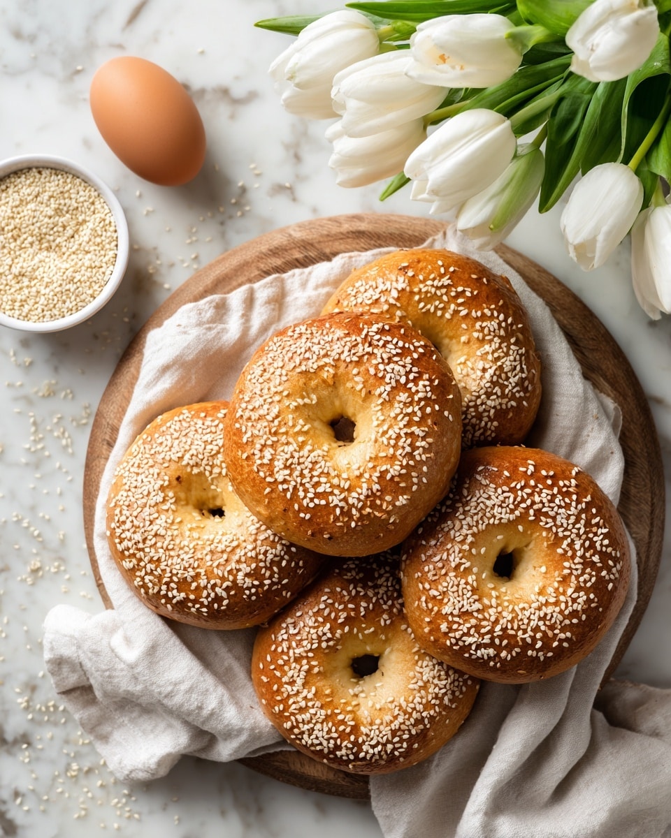 Six shiny golden-brown bagels covered with white sesame seeds are placed closely together on a white cloth over a round wooden board. To the side, there is a small white bowl filled with sesame seeds and a brown egg next to it. In the upper right corner, there are white tulips in a clear glass vase. The whole scene is set on a white marbled surface. photo taken with an iphone --ar 4:5 --v 7