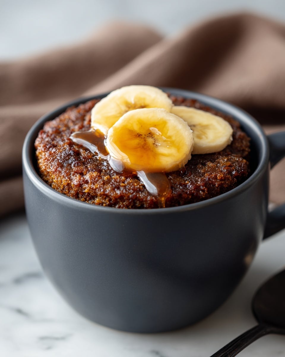 A dark gray mug filled with a single-layer baked oatmeal cake, golden brown and textured with small oats visible on the surface, topped with two thick slices of banana and drizzled with glossy amber syrup that catches the light. The mug sits on a white marbled surface with a soft brown cloth blurred in the background, and a black spoon lies nearby. photo taken with an iphone --ar 4:5 --v 7