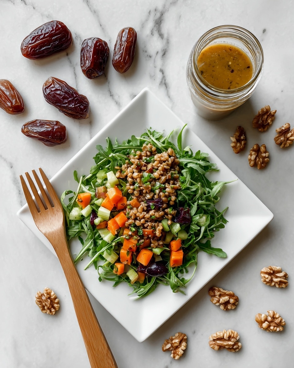 A white square plate holds a salad with two layers: the bottom layer is fresh, bright green arugula leaves forming a loose bed, and the top layer is a mix of chopped ingredients including light green celery, orange carrot pieces, small brown lentils, dark purple olives, and broken walnut pieces, creating a colorful and textured topping. To the left of the plate is a wooden fork resting on the plate’s edge. The plate sits on a white marbled surface scattered with walnut pieces and four dark brown whole dates. A small glass jar with a golden-brown dressing inside is placed near the top right corner of the plate. photo taken with an iphone --ar 4:5 --v 7