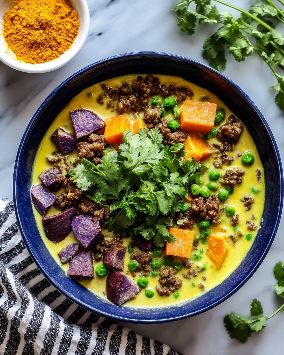 The image shows a white bowl with a blue rim filled with a colorful curry dish. The curry has a creamy yellow-green liquid base with chunks of purple and white sweet potatoes, crumbled brown cooked meat, and small green peas layered throughout. Fresh bright green cilantro leaves sit on top as garnish. To the side, there is a small white bowl holding a pile of yellow turmeric powder and some sprigs of cilantro scattered on a white marbled surface. A striped white, black, and blue cloth is seen in the background. photo taken with an iphone --ar 4:5 --v 7