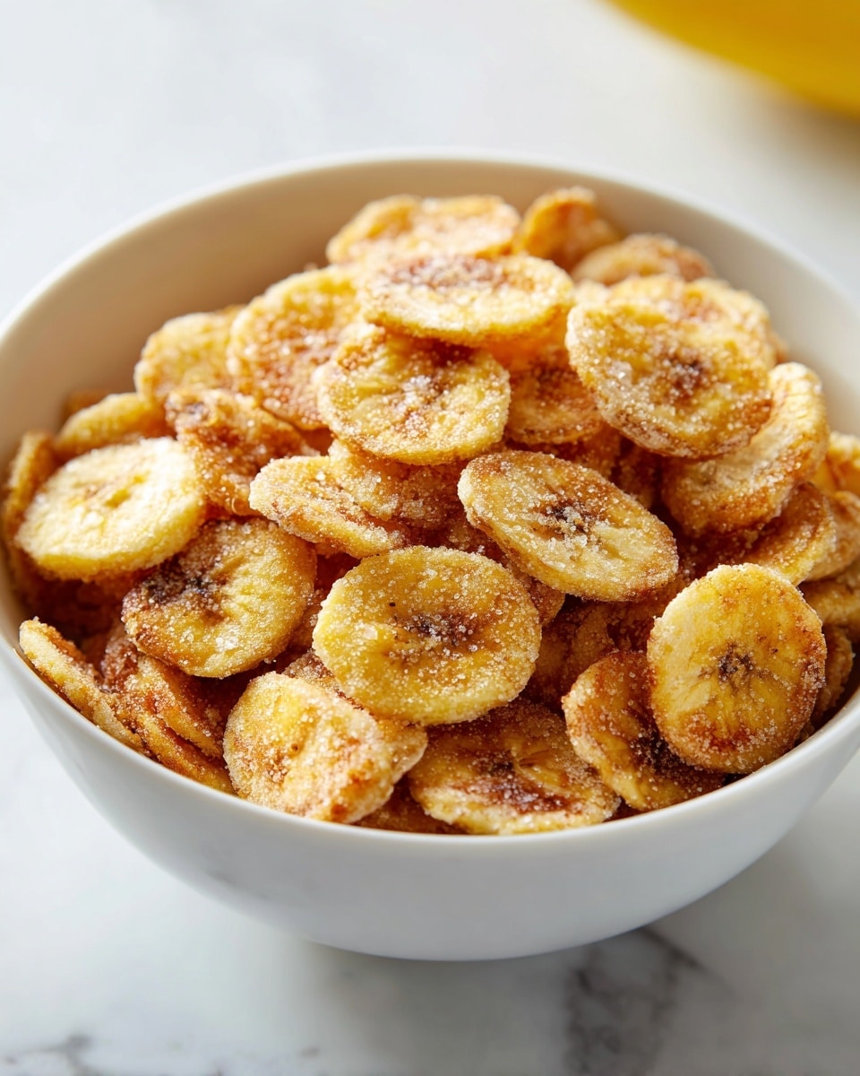 A white bowl filled with many round banana chips covered lightly with sugar granules, showing a golden yellow and light brown color with a crisp texture. The bowl sits on a white marbled surface with a blurred yellow object in the background, creating a simple and clean look. photo taken with an iphone --ar 4:5 --v 7