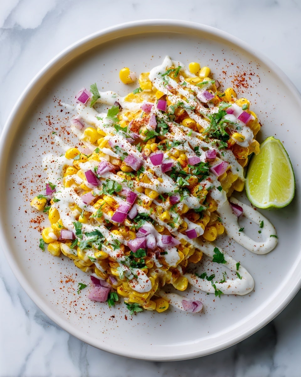 A white plate holds a colorful dish with three main layers. The bottom layer is bright yellow corn kernels that look soft and juicy, spread evenly across the plate. On top of the corn, there are small pieces of red onion mixed in, adding a bit of purple color and texture. The whole dish is drizzled with a creamy white sauce, sprinkled with green herbs and a red spice for extra color. A wedge of pale green lime sits on the side of the plate. The plate is placed on a white marbled surface. Photo taken with an iphone --ar 4:5 --v 7
