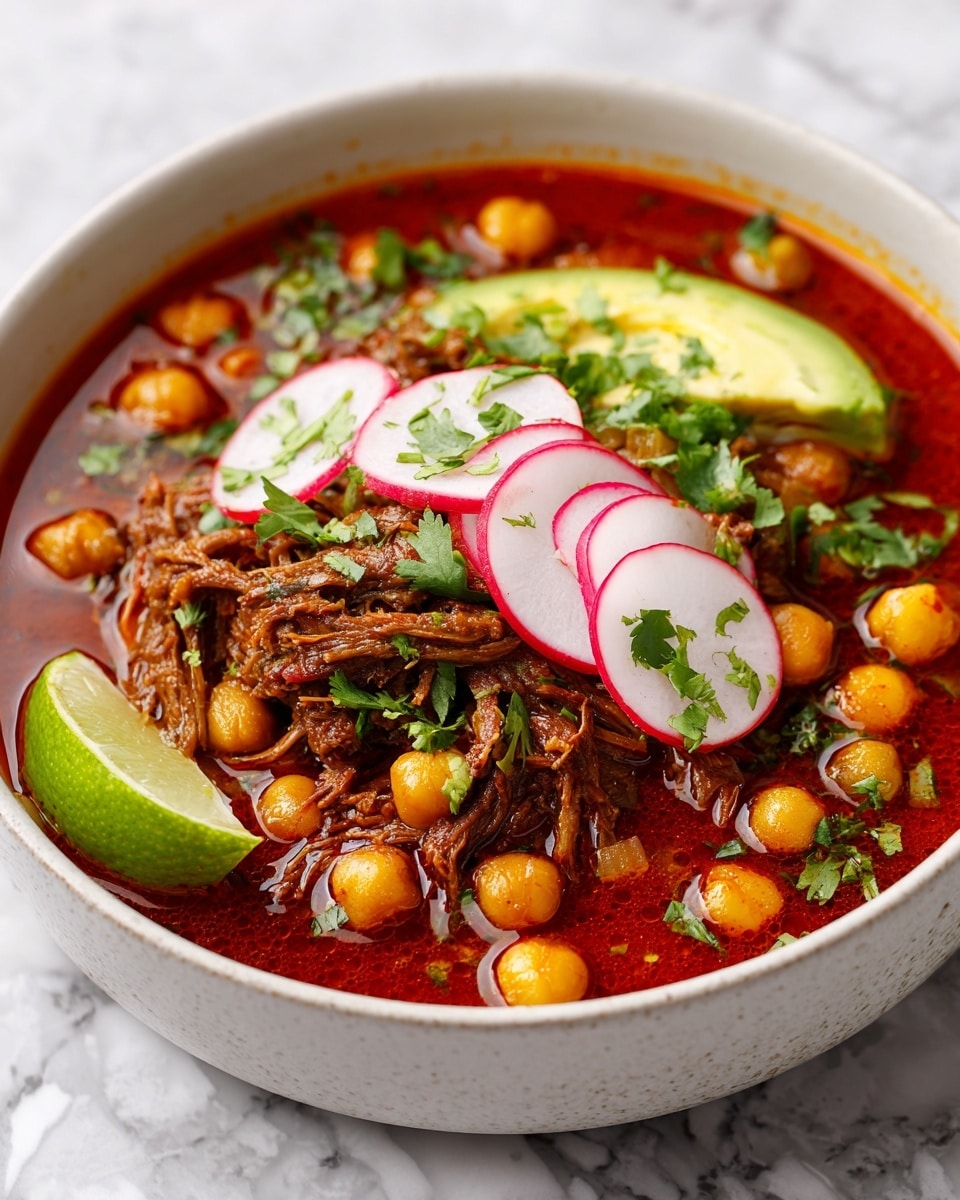 A white bowl filled with rich dark red broth, layered with shredded pieces of cooked meat and small beige beans in the center. On one side, bright green avocado slices, and on the other, thin white radish slices with bright pink edges, topped with a light green lime wedge. The soup is sprinkled with fresh green cilantro leaves and tiny bits of red chili flakes, adding texture and color contrast. The scene is set on a white marbled surface. photo taken with an iphone --ar 4:5 --v 7