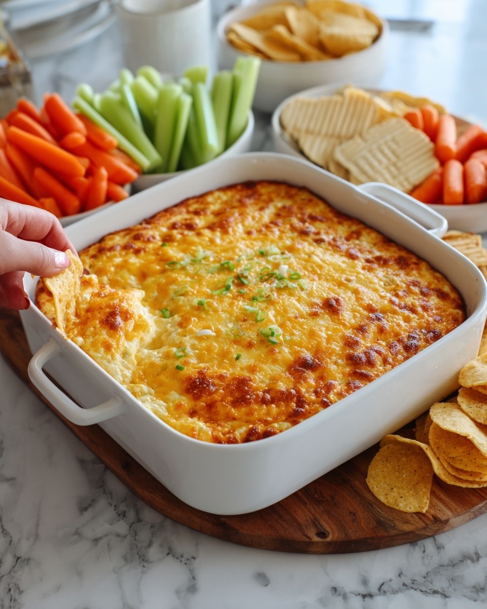 The image shows a square white ceramic dish filled with a smooth, golden-brown baked dip with a slightly bubbly and crispy top layer. The dip fills the dish fully and looks thick and creamy underneath the baked surface. Surrounding the dish on a white marbled surface are bowls of fresh, bright green celery sticks and vivid orange carrot sticks, along with round tortilla chips and some crackers that have a light golden color. A woman's hand is reaching toward the dish from the side. The scene is bright with soft natural light, highlighting the textures and colors. Photo taken with an iphone --ar 4:5 --v 7