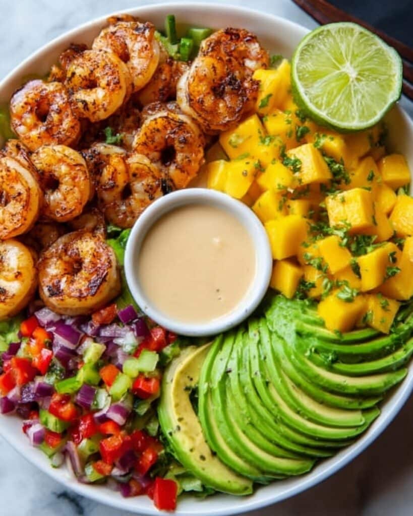 Shrimp and Avocado Bowls with Mango Salsa & Lime-Chili Sauce Recipe