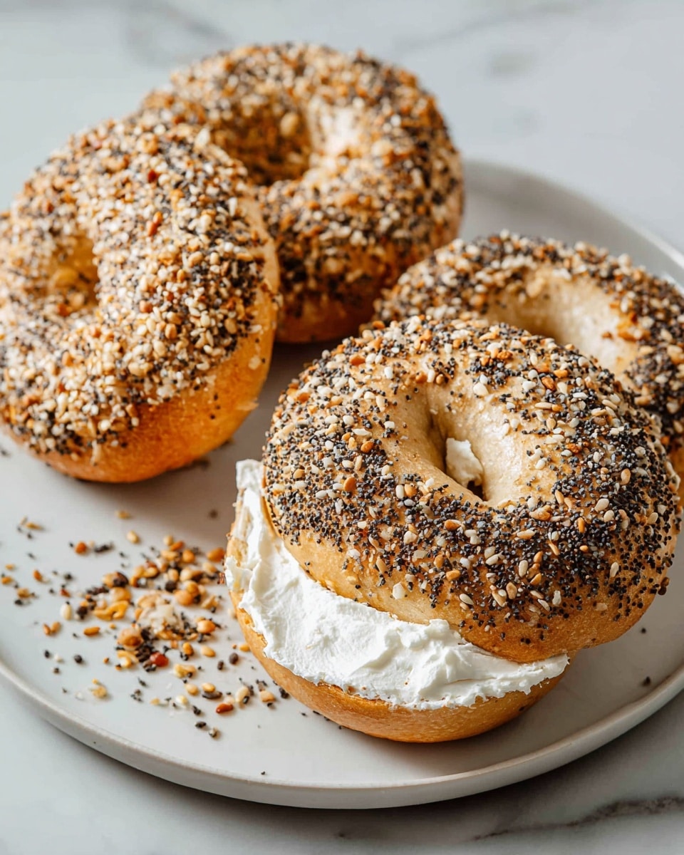 The image shows three bagels coated with a mix of seeds including sesame, poppy, and possibly garlic or onion bits, giving them a textured and speckled look. One bagel is cut open, revealing a layer of smooth white cream cheese spread over the bottom half, while the top half, covered with the seed mixture, rests slightly leaning on it. The bagels sit on a round white plate, and some loose seeds are scattered around them on a white marbled surface. The lighting highlights the different textures, from the crunchy seeds on top to the soft cream cheese inside. photo taken with an iphone --ar 4:5 --v 7