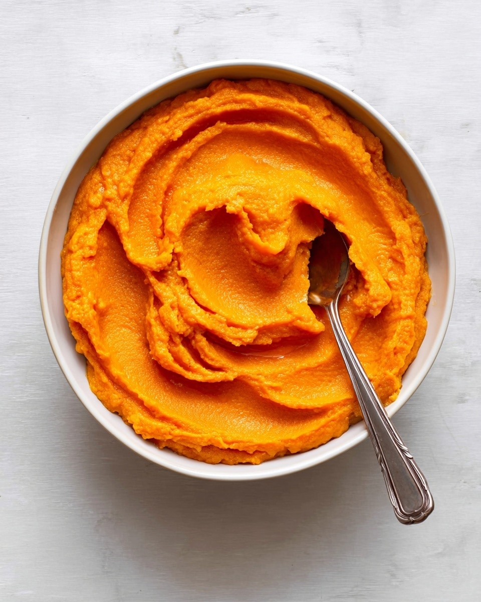 A bowl filled with bright orange mashed sweet potatoes that have a smooth and creamy texture, swirled around in soft waves across the bowl. The bowl is white and round, sitting on a white marbled surface. Inside the mash near the bottom right, a silver spoon with a long handle is partially buried, its handle extending out over the bowl's edge. The vibrant orange color of the mash contrasts beautifully with the clean white bowl and surface. photo taken with an iphone --ar 4:5 --v 7