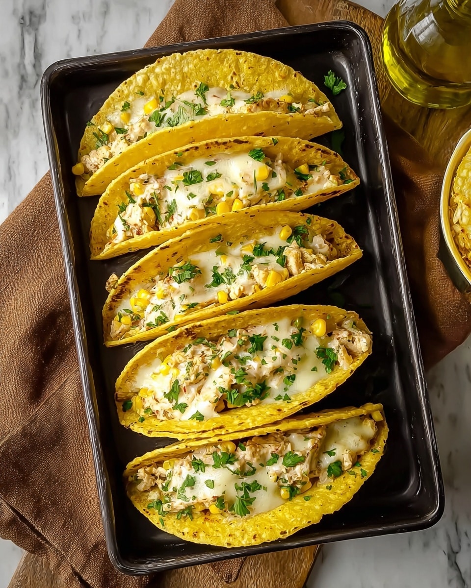 The image shows a black rectangular tray holding six golden-yellow taco shells arranged in two neat rows. Each taco is filled with a creamy chicken mixture featuring small pieces of corn, topped with melted white cheese that has a smooth, slightly bubbly texture. Freshly chopped green cilantro is sprinkled evenly over the surface, adding a pop of color. The tray sits on a white marbled surface with a brown cloth and a bottle of olive oil nearby, creating a warm and rustic setting. Photo taken with an iphone --ar 4:5 --v 7