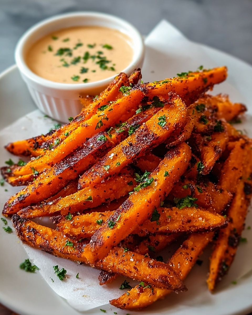 A white plate holds a pile of crispy sweet potato fries stacked irregularly, showing bright orange color with dark grilled spots and a coating of coarse salt and green parsley flakes scattered over them. Behind the fries, a small white bowl contains a creamy, light beige dipping sauce with green herbs sprinkled on top. The plate sits on a white marbled textured surface, making the vibrant colors of the fries and sauce stand out clearly. photo taken with an iphone --ar 4:5 --v 7