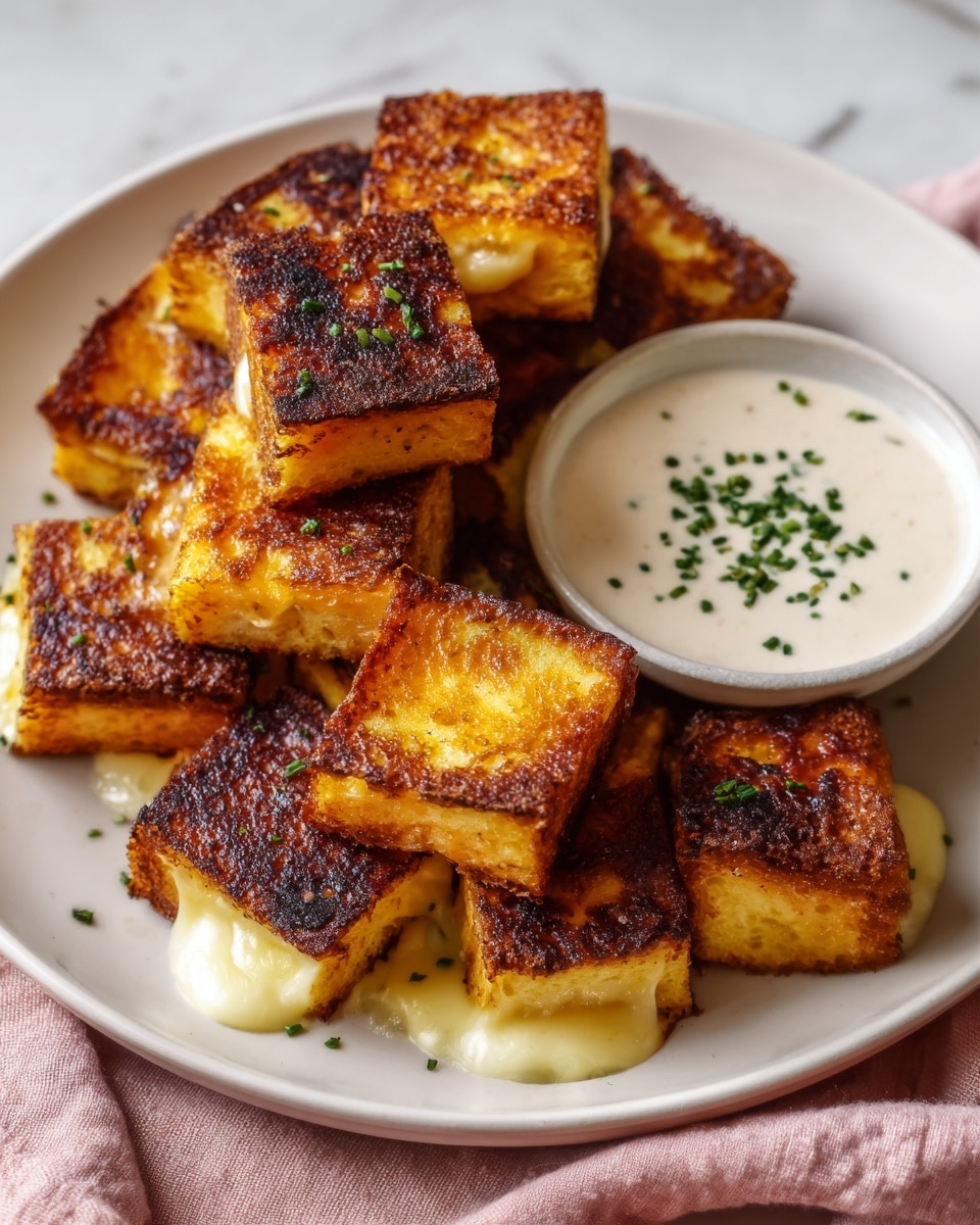 The image shows a white ceramic plate with about sixteen golden brown, crispy, square pieces of toasted bread arranged in three uneven layers. The pieces have a crunchy, well-baked texture with some darker browned edges, and they appear fluffy inside. In the center of the plate, there is a small white bowl filled with a creamy, light yellow sauce, topped with small green herb bits. Scattered green herbs lightly sprinkle the plate around the bread pieces. The plate is placed on a soft pink cloth over a white marbled surface. Photo taken with an iphone --ar 4:5 --v 7