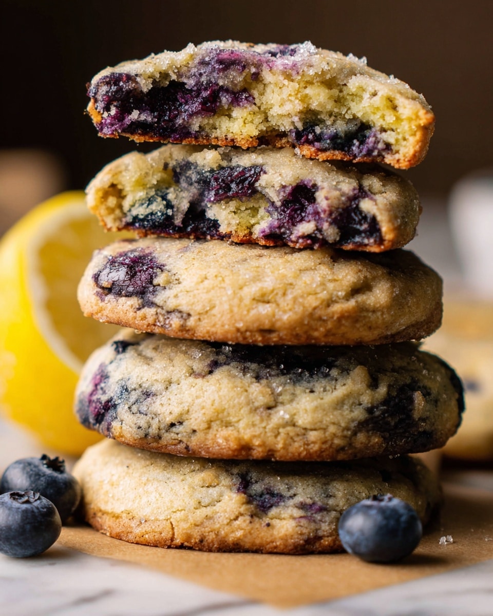 A stack of four thick, round blueberry cookies sits on brown parchment paper over a white marbled surface. The bottom three cookies show a golden-brown color with scattered purple-blue spots from baked blueberries. The top cookie is broken in half, with two halves stacked, revealing a soft, moist inside that is light yellow with dark blueberry bits. The cookie surfaces look slightly grainy with sugar crystals. Around the stack, there are a few fresh blueberries and a thin lemon slice on the white marbled surface. Photo taken with an iphone --ar 4:5 --v 7