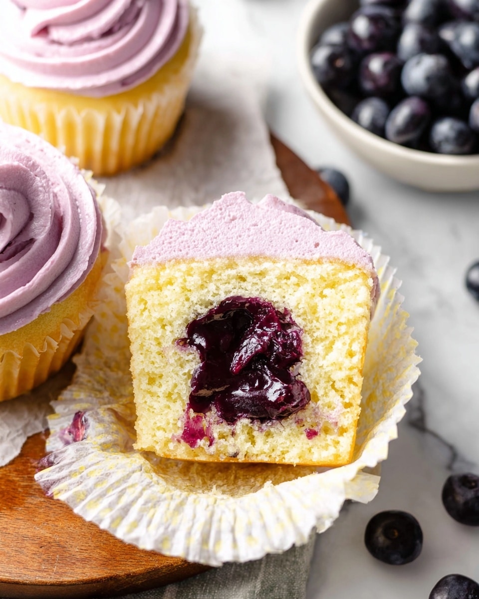 A cupcake cut in half shows three layers: the bottom layer is light yellow soft cake, the middle layer is a thick, shiny dark purple filling, and the top layer is light purple smooth frosting piped in ridges around the edge. The cupcake halves rest on crinkled white parchment paper over a round wooden board. To the right, a white bowl filled with dark purple blueberries sits on a white marbled surface. Photo taken with an iphone --ar 4:5 --v 7