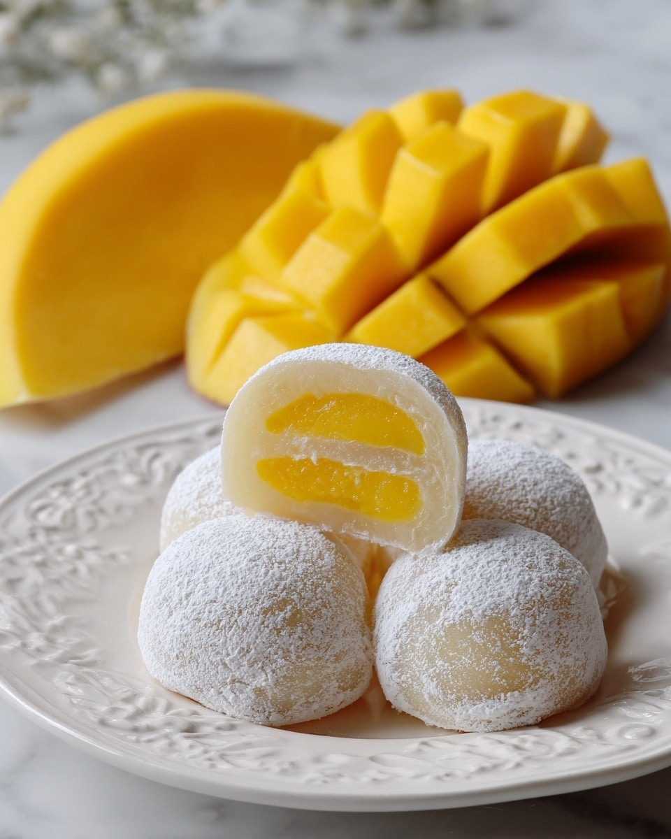 A white plate with four round mochi balls dusted with fine white powder, one mochi is cut open placed on top showing three layers: the outer soft, pale translucent white layer, a smooth creamy yellow middle layer, and a bright yellow mango filling at the center. Behind the plate, sliced mango pieces with a fresh ripe yellow color are visible, and the whole scene is set on a white marbled texture. photo taken with an iphone --ar 4:5 --v 7