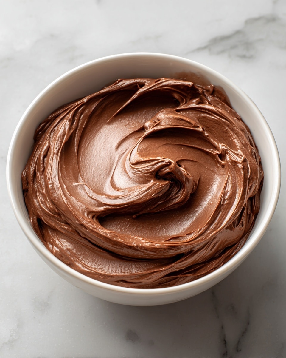 A white bowl filled with a thick layer of smooth, creamy chocolate frosting. The frosting has a rich brown color with soft, swirling textures on the surface, showing gentle peaks and waves. The bowl sits on a white marbled surface, and the lighting highlights the glossy, silky finish of the chocolate cream. photo taken with an iphone --ar 4:5 --v 7