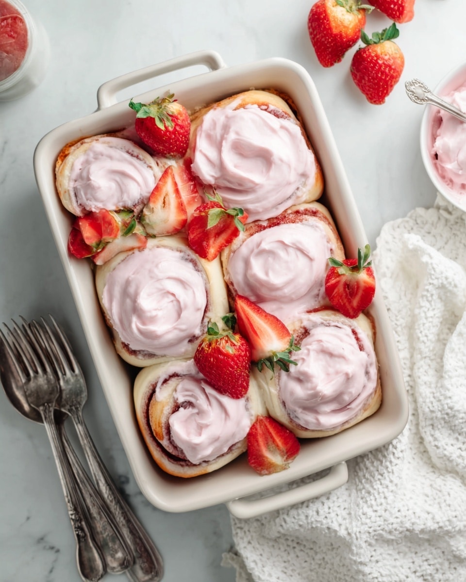 A white rectangular dish holds six cinnamon rolls topped with pink frosting swirled thickly on each roll. The frosting has a smooth and creamy texture, with a light pink color. Fresh whole and sliced strawberries are placed on top and around the rolls, adding bright red and green colors. The dinner forks with silver handles rest on a white marbled surface next to the dish. A white textured cloth is partially visible to the right of the dish. The photo is taken with an iphone --ar 4:5 --v 7