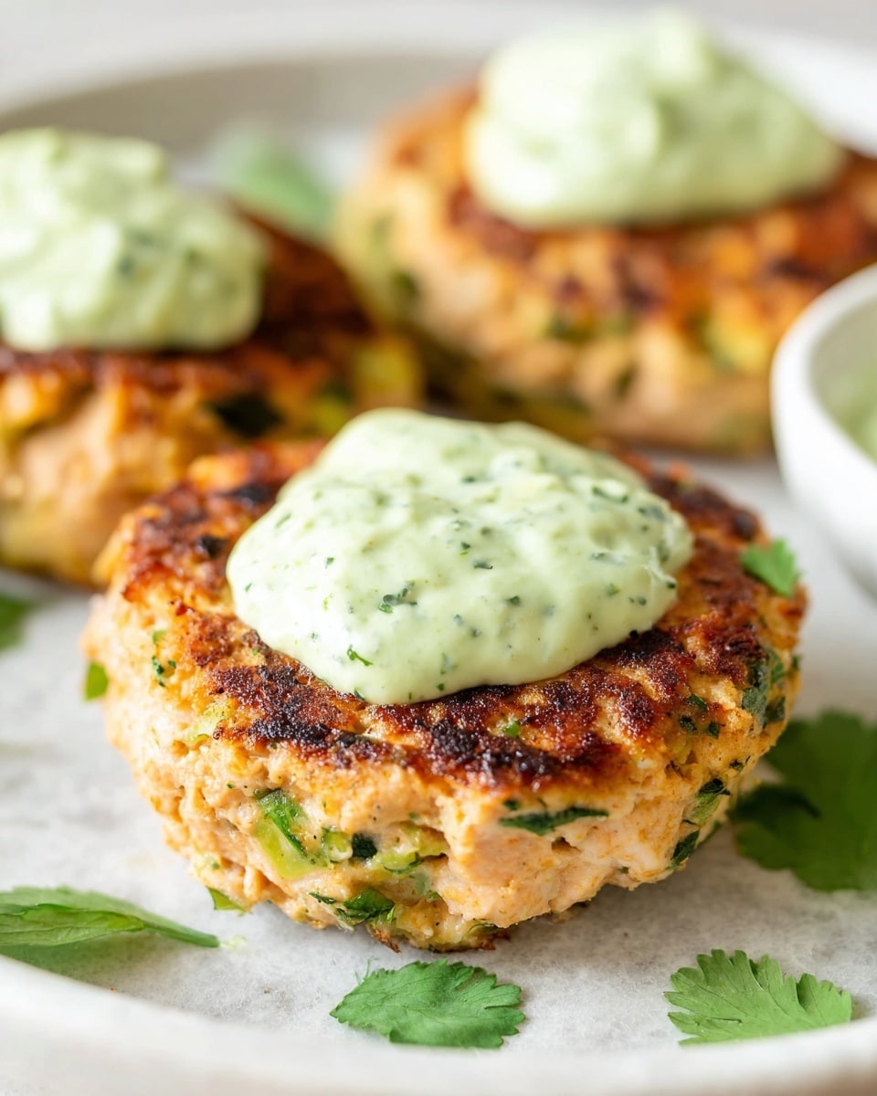 A close-up of three cooked salmon patties arranged on a white plate with a white marbled texture underneath. Each patty has a rough texture with visible small pieces of green herbs and slightly browned edges from frying. On top of each patty is a dollop of pale green creamy sauce sprinkled with flecks of darker green herbs. The patties are thick and round, sitting flat on the plate with some fresh green herb leaves lightly scattered around. Photo taken with an iphone --ar 4:5 --v 7