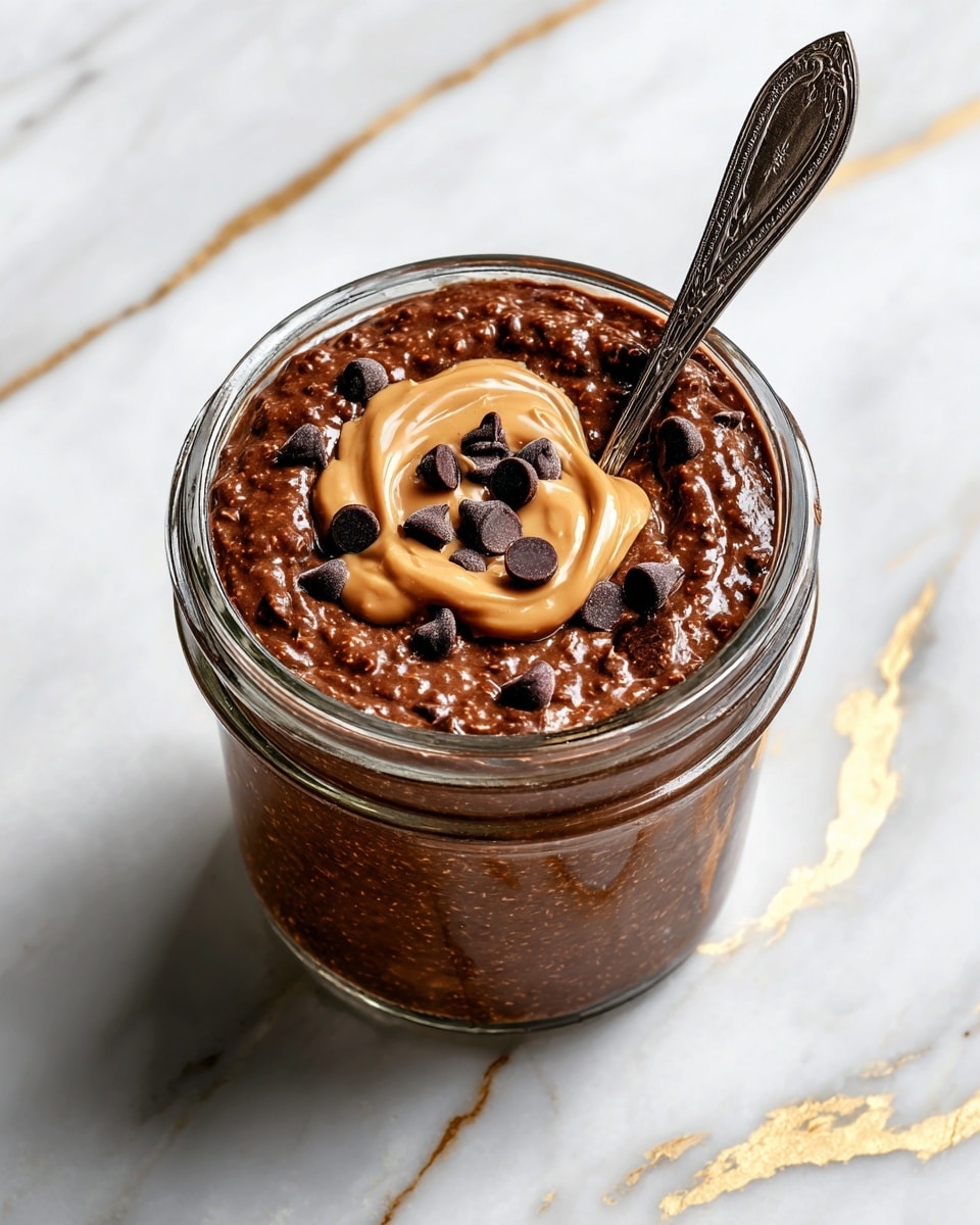The image shows a clear glass jar filled with a thick, dark brown chocolate mixture with a slightly grainy texture, indicating oats or similar ingredients. The top is decorated with a smooth swirl of light brown peanut butter, around which are scattered seven dark chocolate chips. A tarnished silver spoon is inserted into the jar from the right side, resting in the mixture. The jar is placed on a white marbled surface with gold veining. photo taken with an iphone --ar 4:5 --v 7