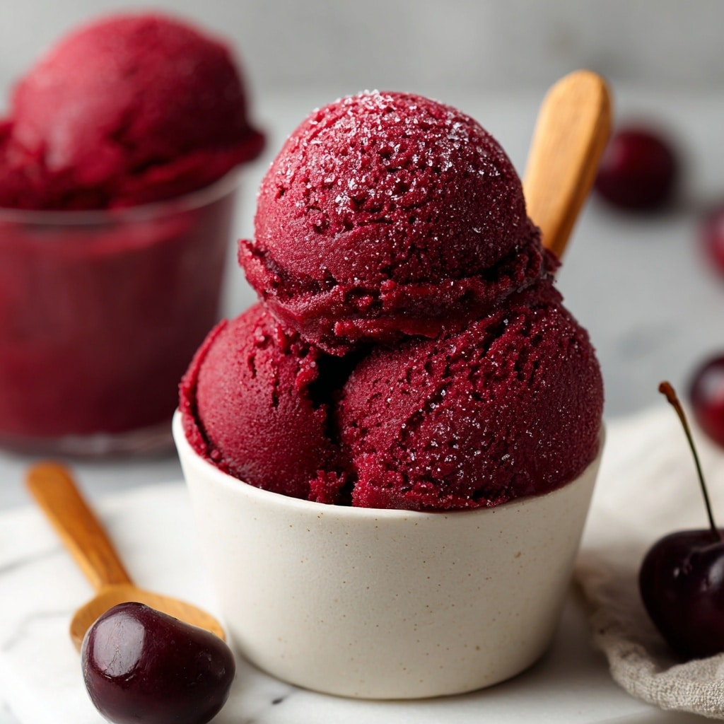 The image shows a clear cup filled with three scoops of deep red cherry sorbet, with the top scoop slightly rounded and textured with small ice crystals, giving a smooth yet icy look. The sorbet has rich red and burgundy tones, stacked closely on top of each other. The cup sits on a white marbled surface with a wooden spoon and a dark red cherry nearby. In the background, another cup of cherry sorbet is slightly blurred, enhancing the focus on the front cup. The scene is softly lit from the side, emphasizing the sorbet's vibrant color and texture. photo taken with an iphone --ar 4:5 --v 7