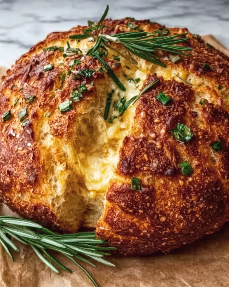 The image shows a round loaf of bread with a golden-brown crust that has a rough, crunchy texture. The loaf is cut partially in a crisscross pattern, revealing a soft, light yellow inside filled with melted cheese. Small green herb pieces are sprinkled on top, adding a fresh touch. A sprig of fresh rosemary lies on the bread, enhancing the look with its dark green needles. The bread sits on brown parchment paper, placed on a white marbled surface. photo taken with an iphone --ar 4:5 --v 7
