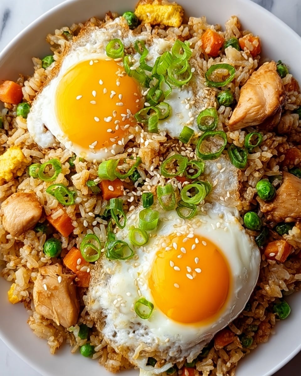 A close-up view of a white plate filled with fried rice featuring a mixture of light brown rice grains, small orange carrot cubes, green peas, and yellow egg pieces. On top, two sunny-side-up eggs with bright yellow yolks and white, slightly crispy edges are placed near the center. Around and on the eggs are light brown chunks of cooked chicken and thinly sliced green onions. White sesame seeds are sprinkled over the eggs and rice. The plate sits on a white marbled texture. photo taken with an iphone --ar 4:5 --v 7