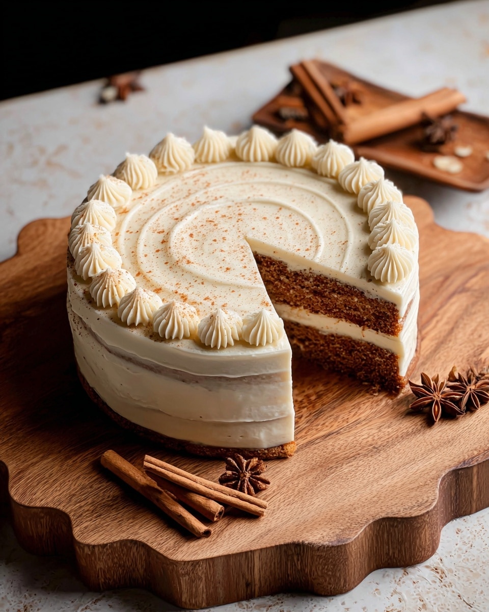 A two-layer round cake with light brown sponge visible between thick layers of smooth creamy white frosting sits on a wooden scalloped board. The top layer has a smooth swirl of creamy white frosting with a ring of small piped dollops around the edge. There is a light dusting of brown powder on the top surface. On one side, the cake is decorated with three cinnamon sticks and two star anise pods. The background is a white marbled texture surface. photo taken with an iphone --ar 4:5 --v 7