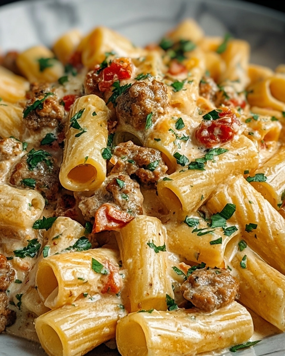 The image shows a close-up of rigatoni pasta layered with a creamy sauce, chunks of browned sausage, small bits of red tomato, and sprinkled with chopped fresh green herbs scattered throughout. The pasta is tubular and rigged, coated evenly with the sauce that looks rich and smooth. The sausage pieces are irregularly shaped and have a slightly crispy texture. The dish looks hearty and well-mixed, presented on a background with a white marbled texture. photo taken with an iphone --ar 4:5 --v 7