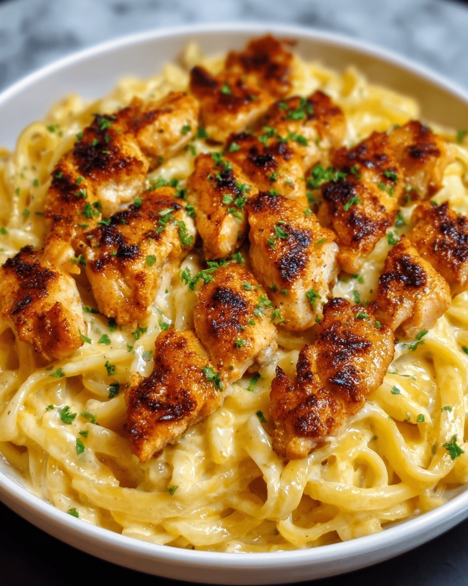 A close-up of a white bowl filled with creamy fettuccine pasta at the bottom, light yellow with a smooth texture. On top of the pasta, there are several pieces of golden-brown grilled chicken with a slightly crispy surface, arranged evenly across the dish. Small green herbs are sprinkled over the chicken and pasta, adding a touch of color. The bowl is placed on a white marbled surface. photo taken with an iphone --ar 4:5 --v 7