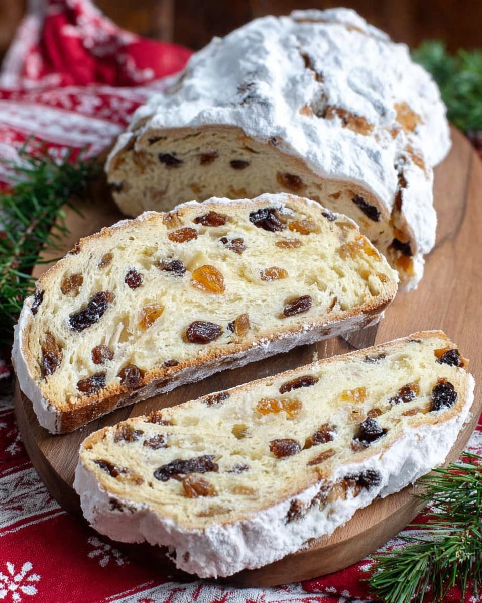 A sliced loaf of fruit bread with three visible layers arranged on a wooden board; the outermost layer is covered in a white powdered sugar coating with a rough texture, inside there are thick pale yellow dough layers mixed with black raisins and orange dried fruit bits, showing a dense and moist texture; the slices lay flat and stacked, with one slice leaning, exposing the dark and light spots inside, decorated with green pine leaves on the side, all set on a white marbled texture surface with a red-and-white patterned cloth beneath. photo taken with an iphone --ar 4:5 --v 7