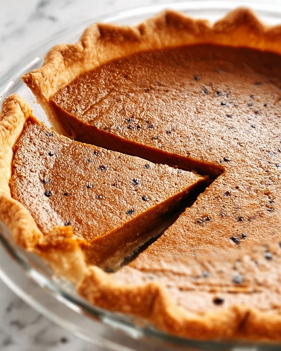 A close-up image of a pumpkin pie with one slice partially cut but still in place, showing a single smooth, dark orange-brown layer of filling with a slightly textured surface that has small black specks. The pie has a thick, golden-brown crust with crimped edges surrounding the filling, all set in a clear glass pie dish. The whole pie sits on a white marbled texture surface. Photo taken with an iphone --ar 4:5 --v 7