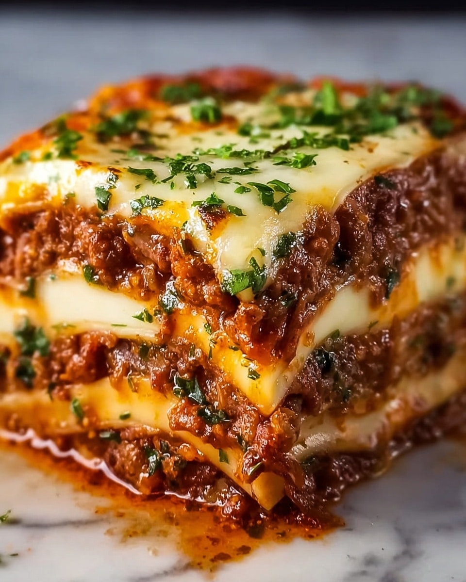 A close-up image of a piece of lasagna showing four thick layers of white pasta sheets stacked with layers of rich brown meat sauce mixed with small green herb bits. The top layer has melted, slightly browned cheese with a shiny, smooth texture, and some chopped herbs sprinkled over it. The sides show a slight gooey texture of sauce oozing out, with the edges browned and slightly crispy. The dish is placed on a white marbled surface. photo taken with an iphone --ar 4:5 --v 7