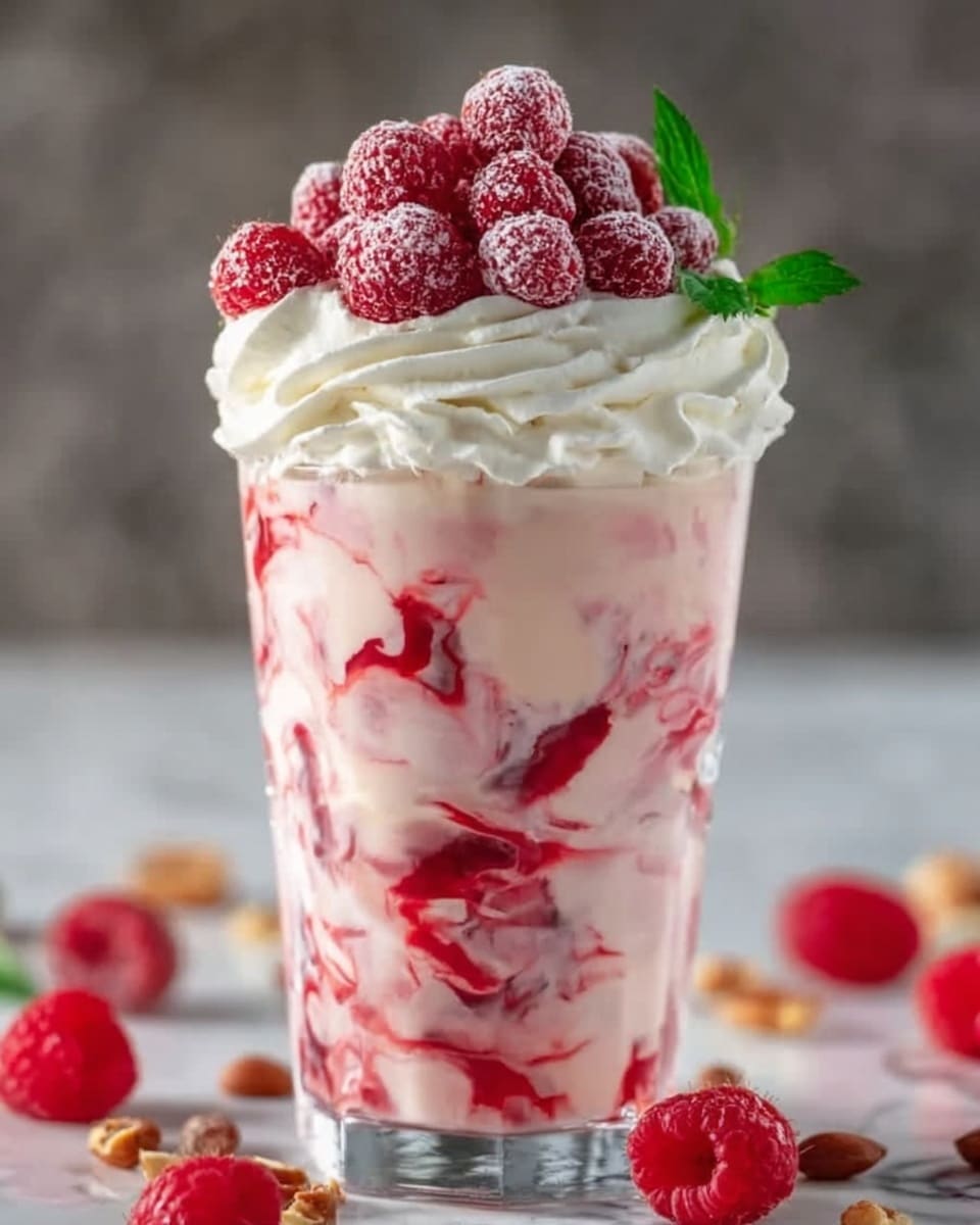 A tall clear glass filled with layers of creamy pink yogurt mixed with swirls of red raspberry sauce, creating a marbled effect inside the glass. On top of the yogurt is a thick swirl of white whipped cream, crowned with a pile of bright red raspberries dusted with a light white powder, and a small green mint leaf near the top. The glass sits on a white marbled surface with a few scattered raspberries and nuts around it. Photo taken with an iphone --ar 4:5 --v 7