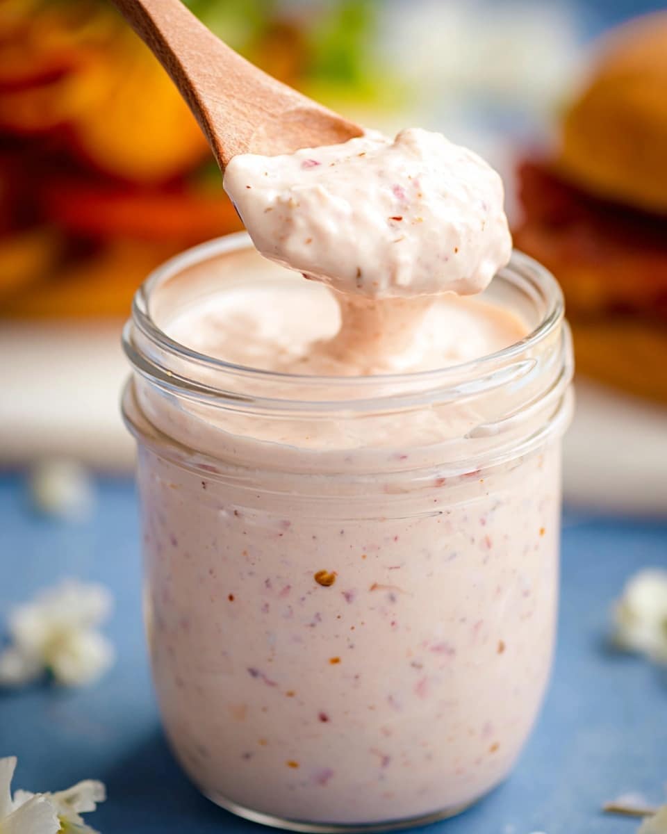 A clear glass jar is filled with a creamy, light pink sauce that has small red and black specks and tiny pieces of onion throughout. A wooden spoon lifts a generous dollop of the thick sauce out of the jar, showing its smooth and slightly chunky texture. The background features a soft focus with hints of a white marbled surface, and blurred food items with warm colors. The scene uses bright natural light to highlight the sauce’s creamy texture and subtle color variations. Photo taken with an iphone --ar 4:5 --v 7