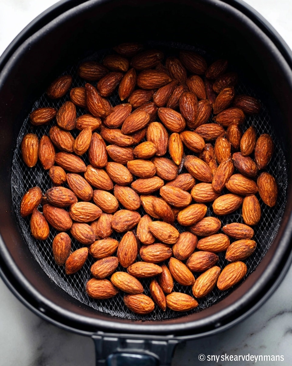The image shows a single layer of whole almonds inside a black air fryer basket. The almonds are a warm brown color with a slightly glossy texture, evenly spread across the basket's perforated surface. The basket has visible ridges and holes, with the almonds resting naturally on it. The background is a white marbled texture. photo taken with an iphone --ar 4:5 --v 7