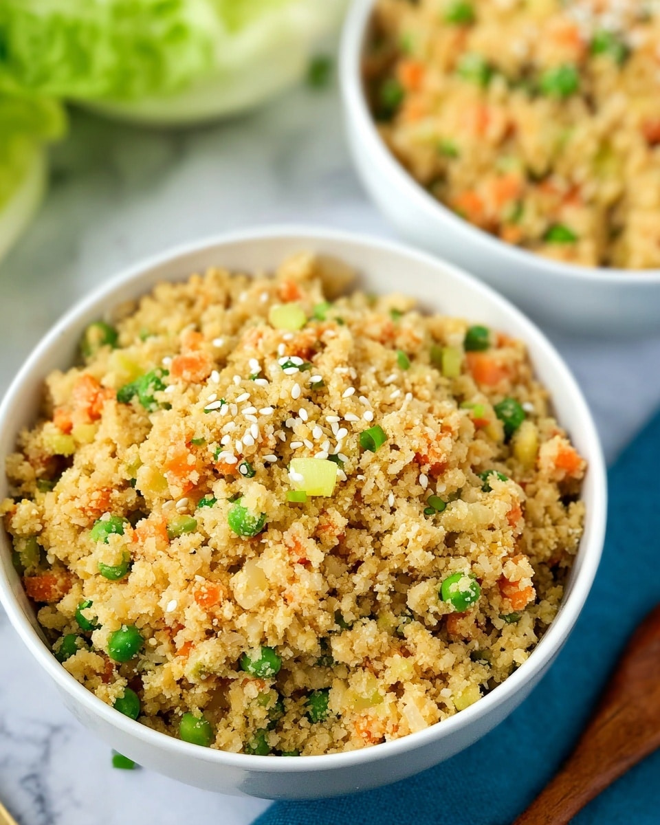 A close-up view of two white bowls filled with a crumbly dish that looks like fried cauliflower rice mixed with small pieces of green peas, orange carrots, and chopped celery, topped with white sesame seeds. The dish has a sandy beige color base with pops of green and orange scattered evenly throughout. The bowls sit on a white marbled surface with some green lettuce blurred in the background and a wooden fork partially visible near one bowl. Photo taken with an iphone --ar 4:5 --v 7
